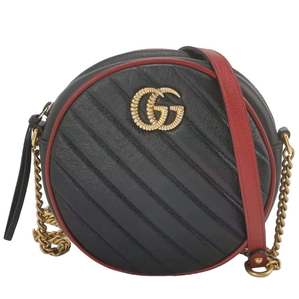 GUCCI Black w/ Red Quilted Leather Torchon Marmont Round Crossbody Bag